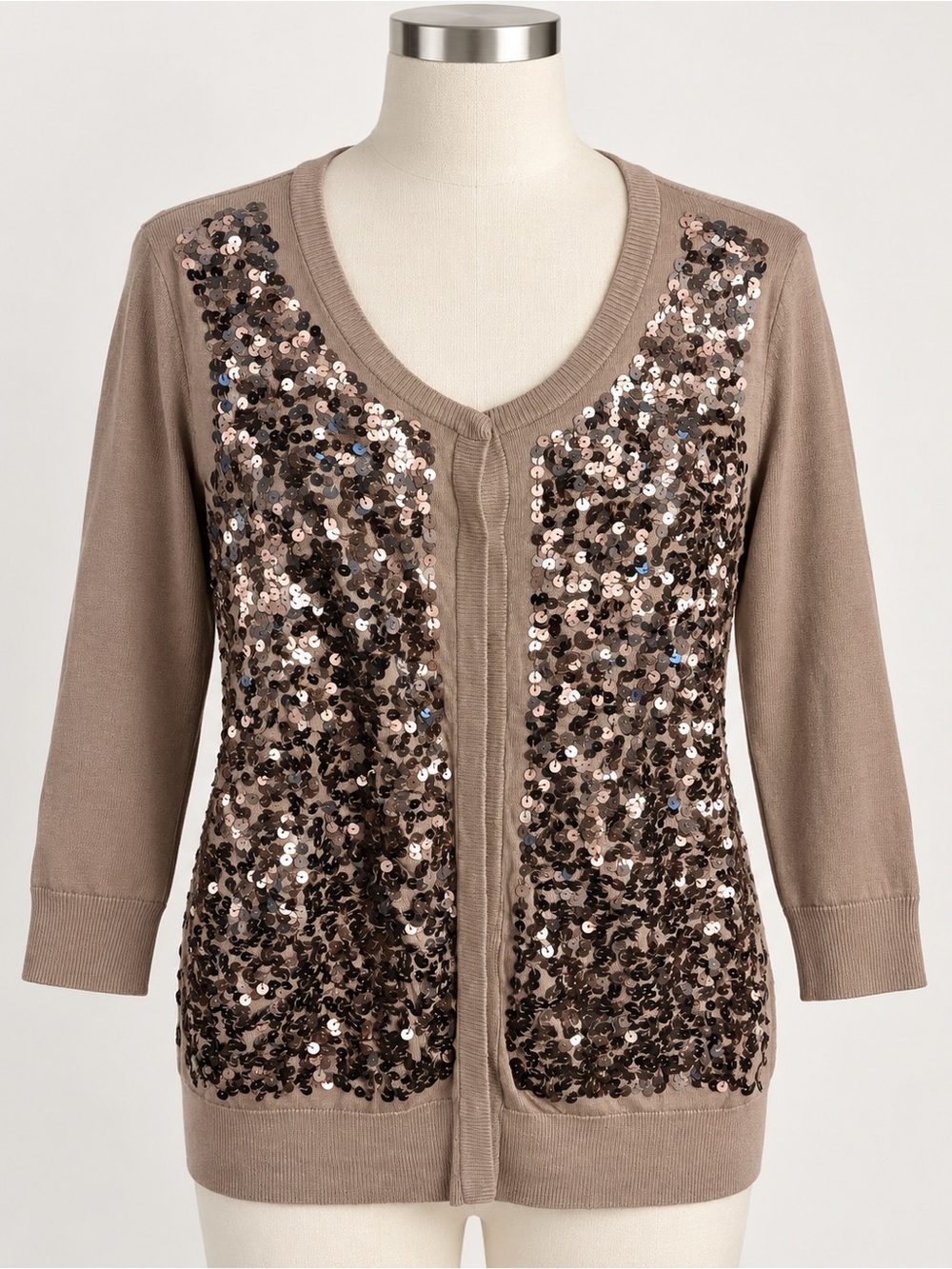 Talbots Women’s Medium Sequin Embellished Cardigan Sweater 3/4 Sleeve Taupe